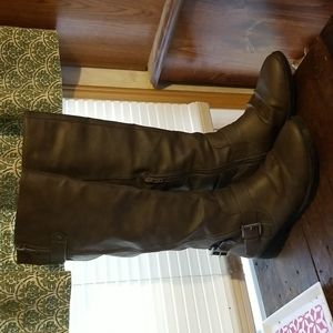 Slouchy gray tall buckle boots